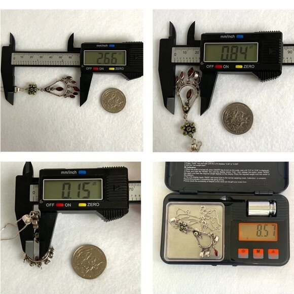 Sterling Silver 925 Red Garnet & Peridot Chandelier Pendant Necklace 20" Chain - Picture 10 of 16